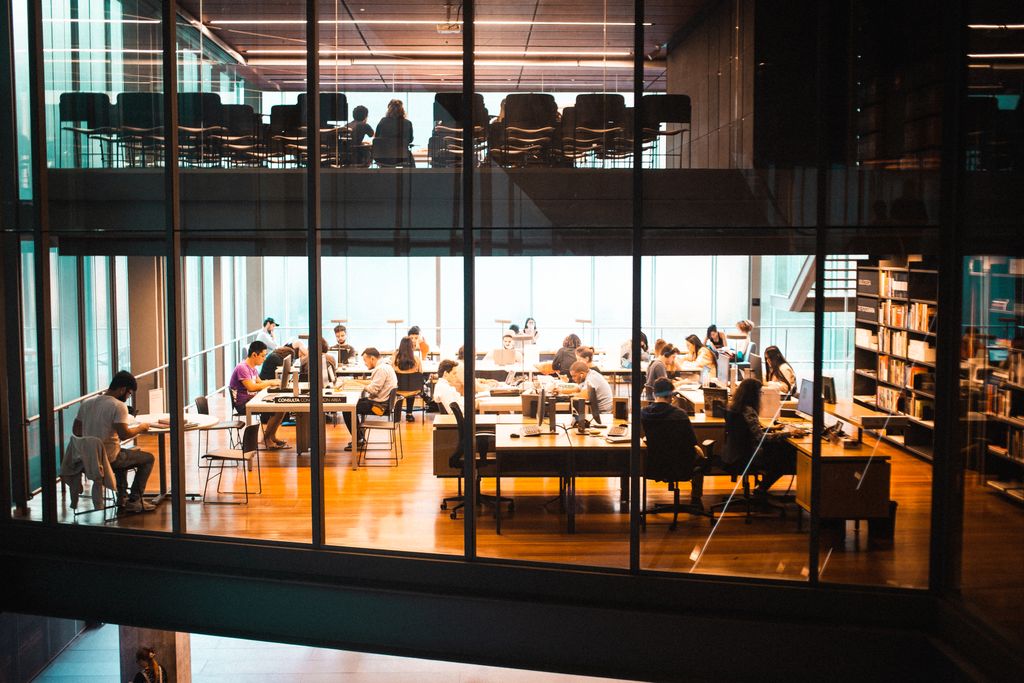 Students studying in a contemporary library with glass walls, desks, and shelves.
